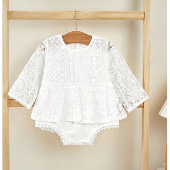 White Lace Long Sleeve Floral Spring Easter Girl Outfit Clothes Dress Romper - Picture 1 of 9